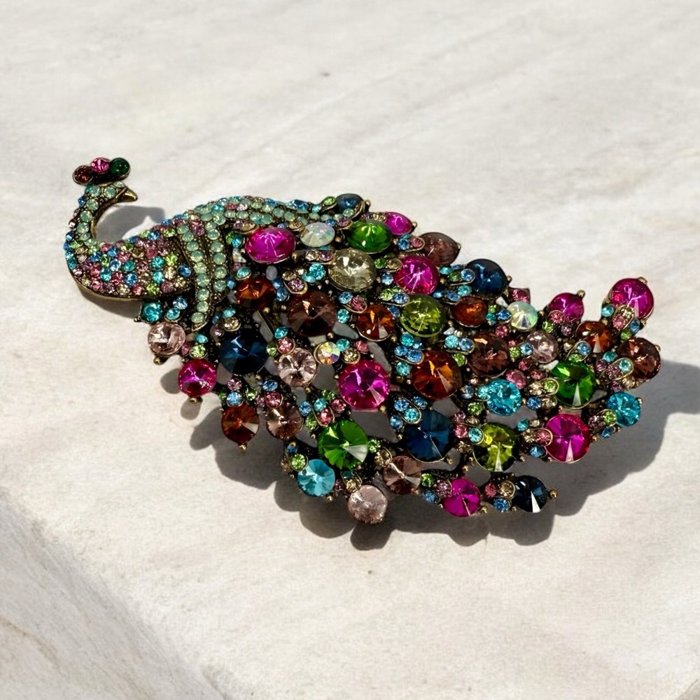Kirk’s Folly Large Multicolor Rhinestone Peacock Brooch Pin/Pendant 5” Statement - Picture 3 of 17